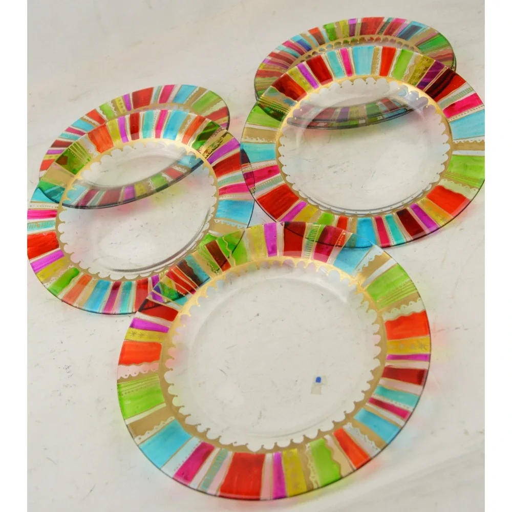 Pier 1 Festive Stripe Rainbow Gold Accents Glass Salad Plates 8.25